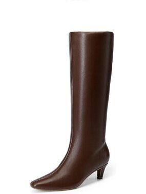 Women Knee High Boots 2 Inch Kitten Heel Fashion Square Toe Wide Calf Boot Brown